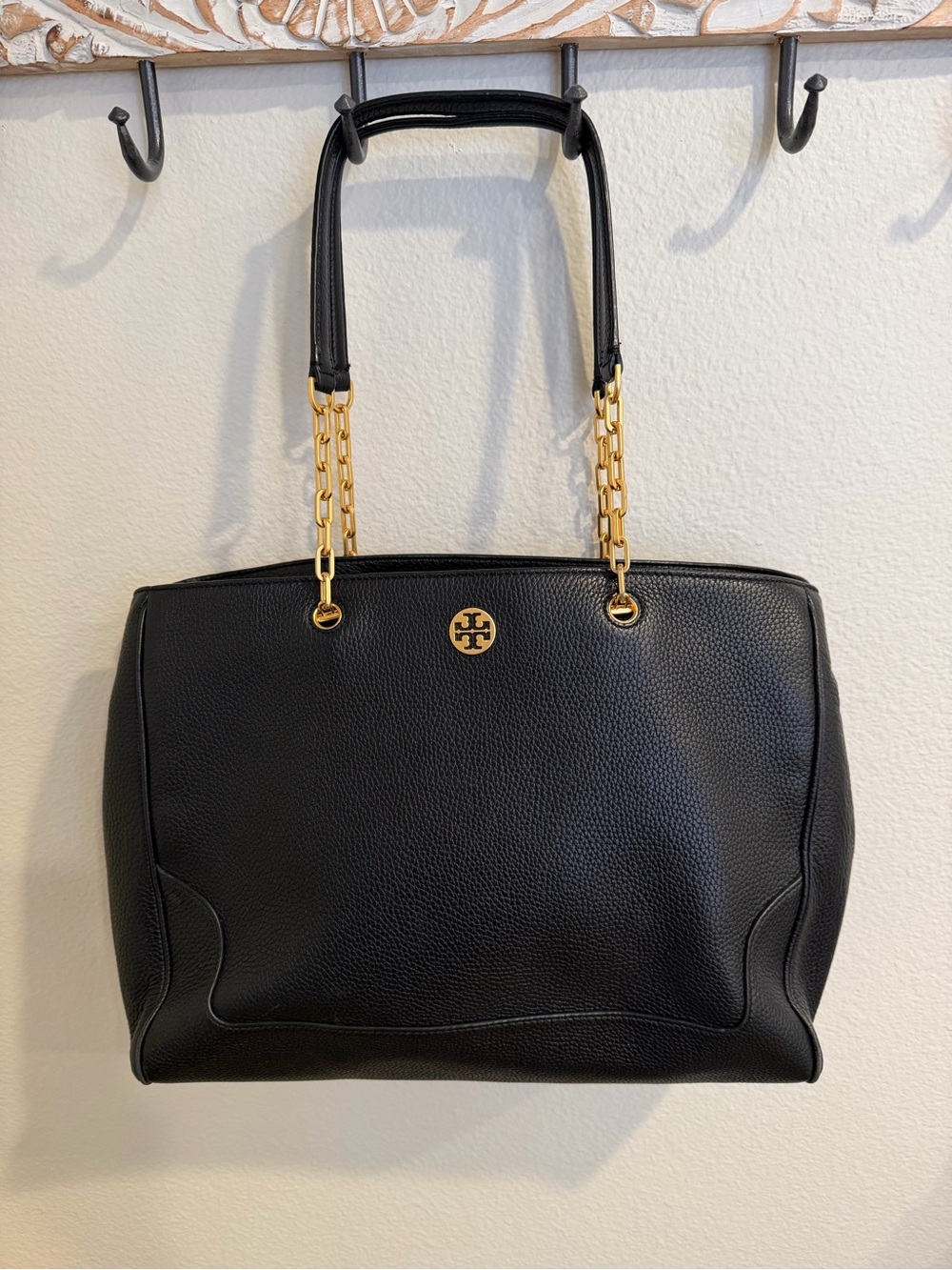 Tory Burch Large Black Pebbled Leather Carson Tote with Gold Chain Straps